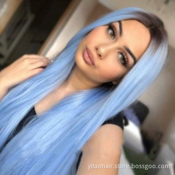 Long Straight allure romance  Glueless Ombre color light Blue High Temperature Heat Resistant Fiber colorful Hair Wigs for Women